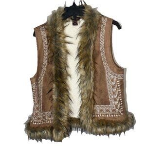 Multiples Vest Fur Trim Fur Lining White Embroidery Brown Excellent Sz M